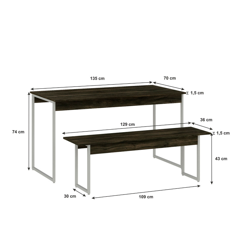Conjunto de Mesa de Jantar Retangular com 2 Bancos Studio Carvalho Dark e Branco