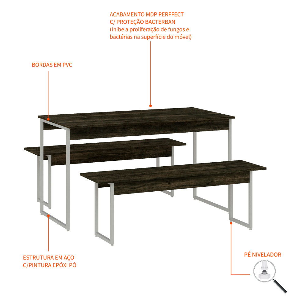 Conjunto de Mesa de Jantar Retangular com 2 Bancos Studio Carvalho Dark e Branco