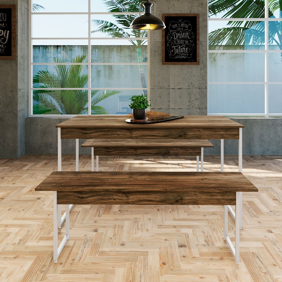 Conjunto de Mesa de Jantar Retangular com 2 Bancos Studio Carvalho Dark e Branco