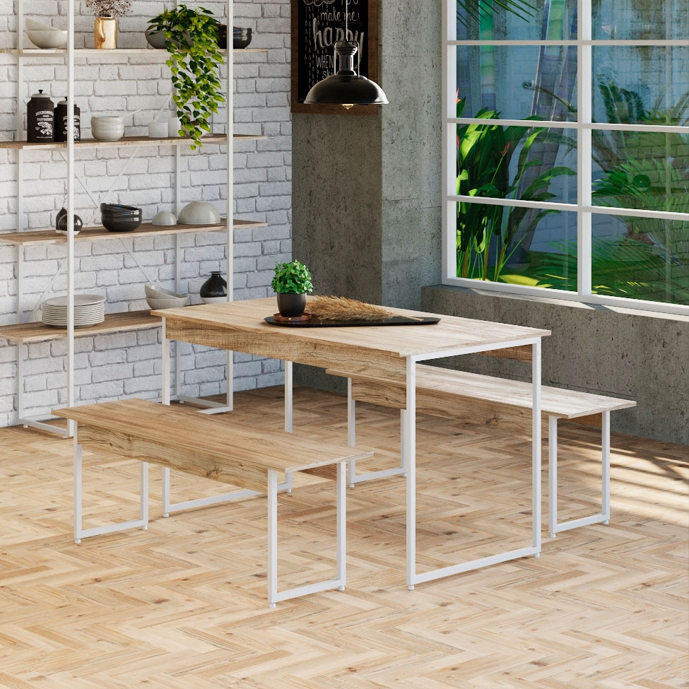 Conjunto de Mesa de Jantar Retangular com 2 Bancos Studio Carvalho e Branco