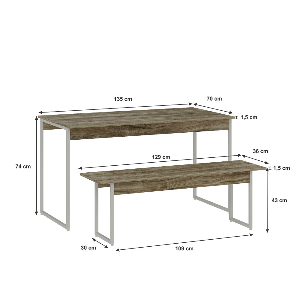 Conjunto de Mesa de Jantar Retangular com 2 Bancos Studio Carvalho e Branco