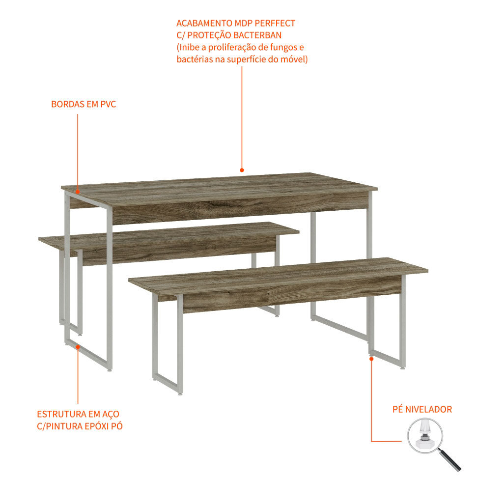Conjunto de Mesa de Jantar Retangular com 2 Bancos Studio Carvalho e Branco