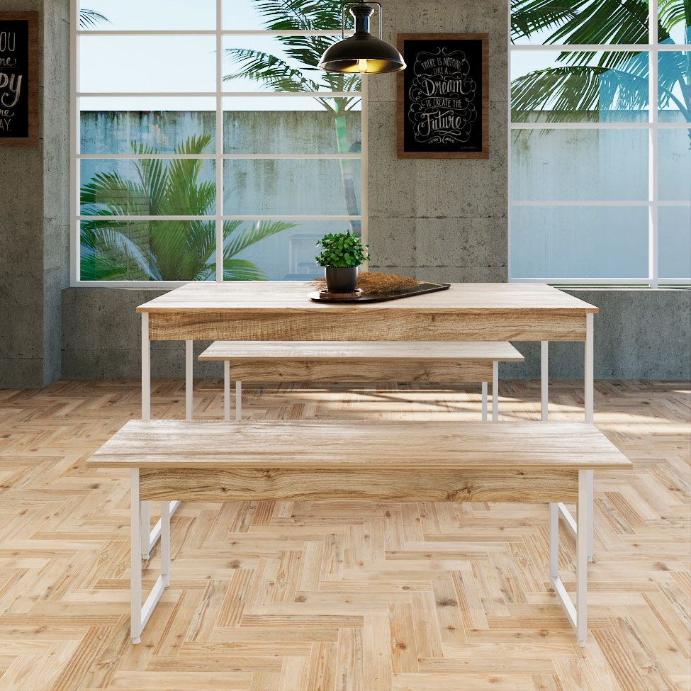 Conjunto de Mesa de Jantar Retangular com 2 Bancos Studio Carvalho e Branco