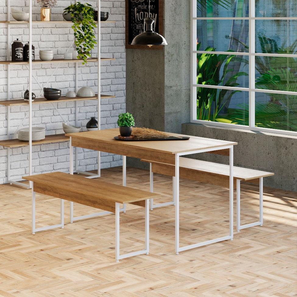Conjunto de Mesa de Jantar Retangular com 2 Bancos Studio Mel e Branco