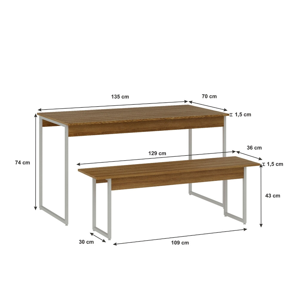 Conjunto de Mesa de Jantar Retangular com 2 Bancos Studio Mel e Branco