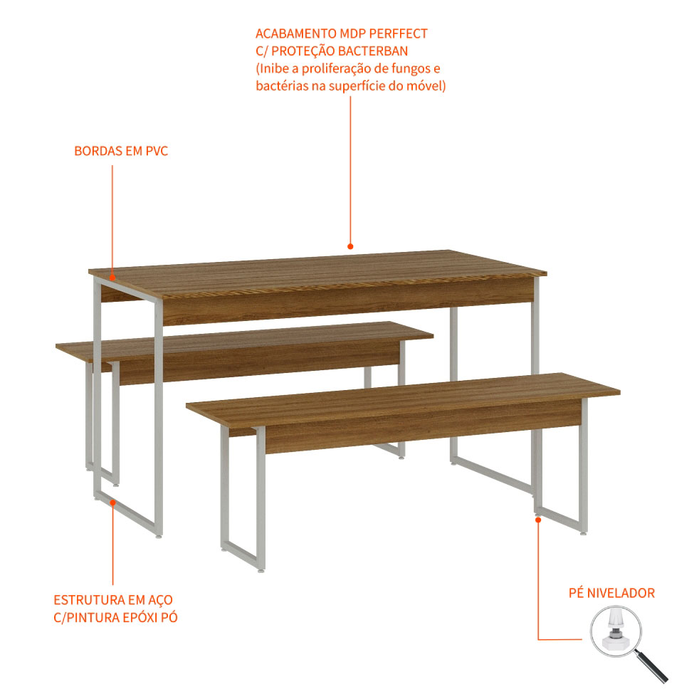 Conjunto de Mesa de Jantar Retangular com 2 Bancos Studio Mel e Branco