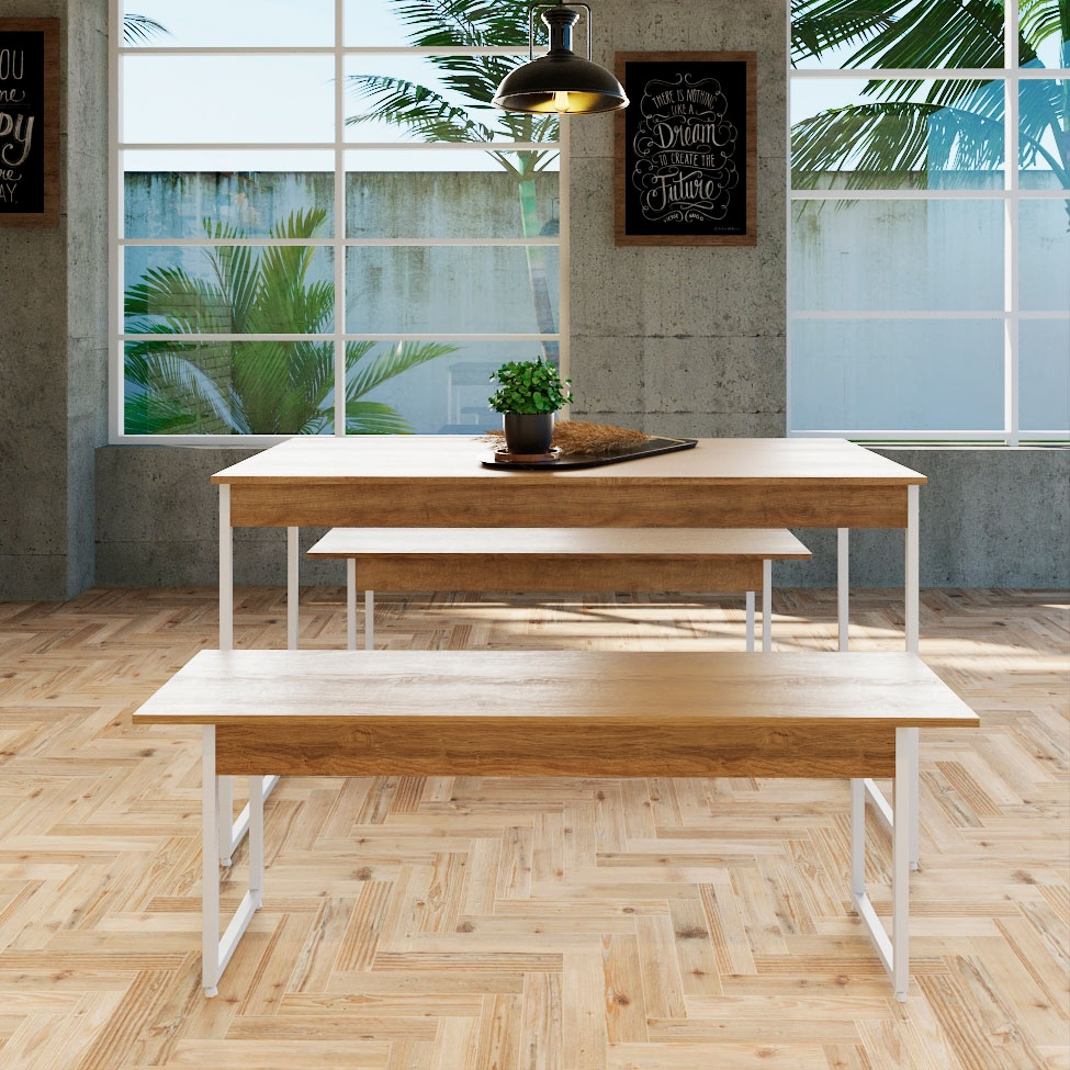 Conjunto de Mesa de Jantar Retangular com 2 Bancos Studio Mel e Branco
