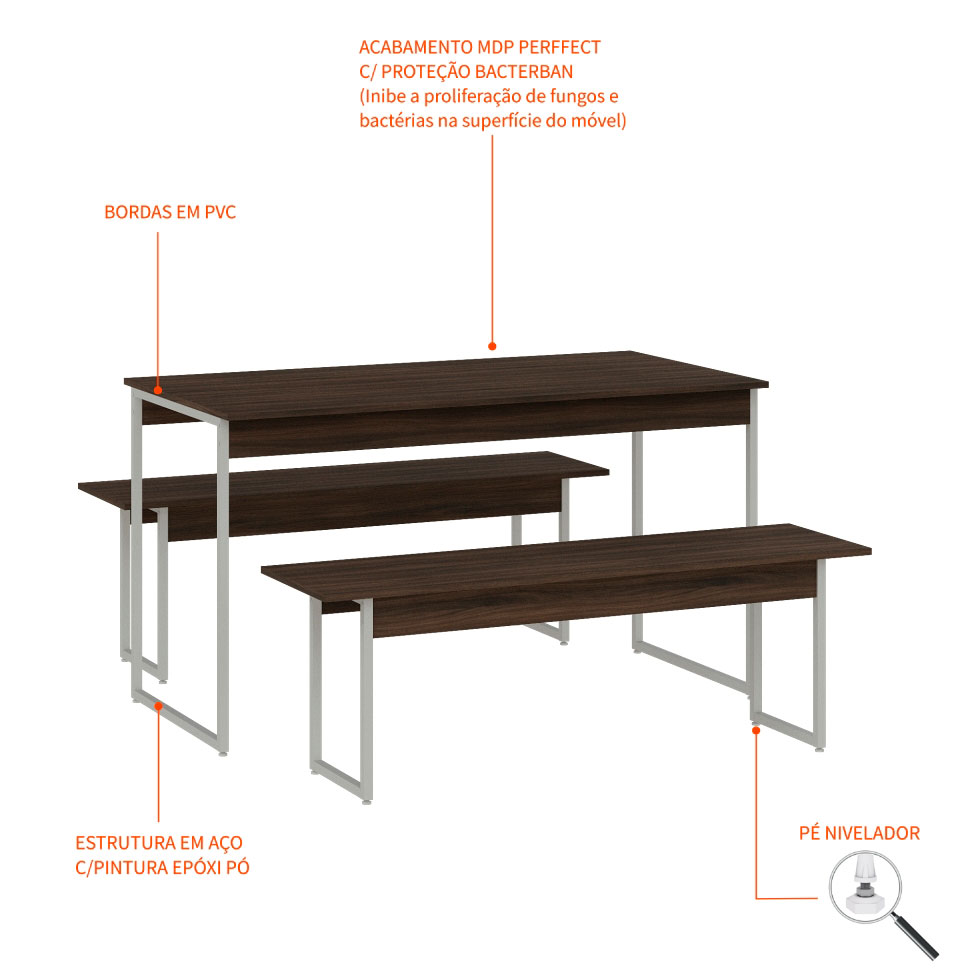 Conjunto de Mesa de Jantar Retangular com 2 Bancos Studio Nogal e Branco