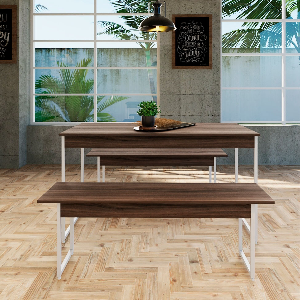 Conjunto de Mesa de Jantar Retangular com 2 Bancos Studio Nogal e Branco