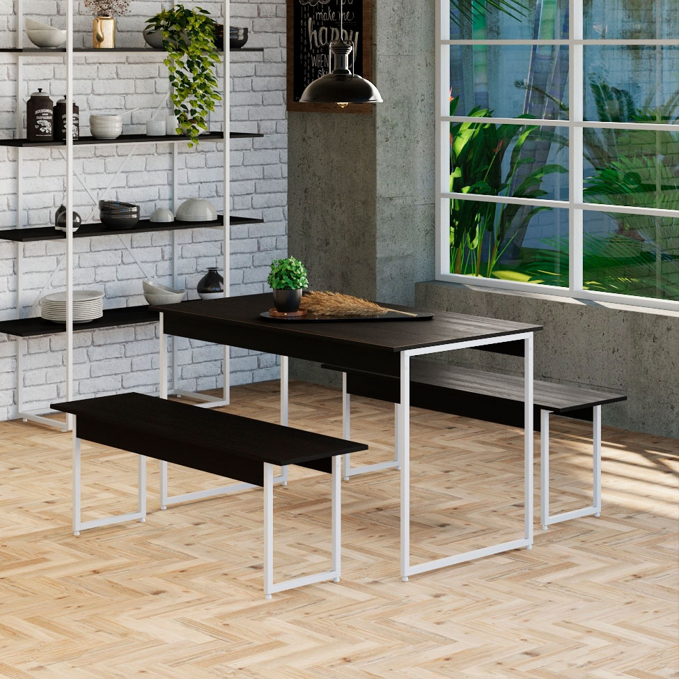 Conjunto de Mesa de Jantar Retangular com 2 Bancos Studio Preto e Branco