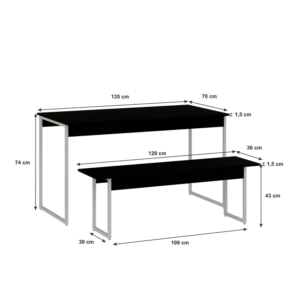 Conjunto de Mesa de Jantar Retangular com 2 Bancos Studio Preto e Branco