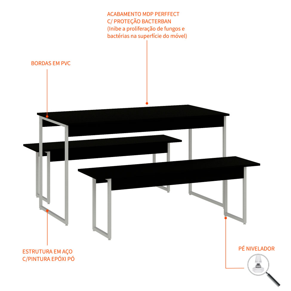 Conjunto de Mesa de Jantar Retangular com 2 Bancos Studio Preto e Branco