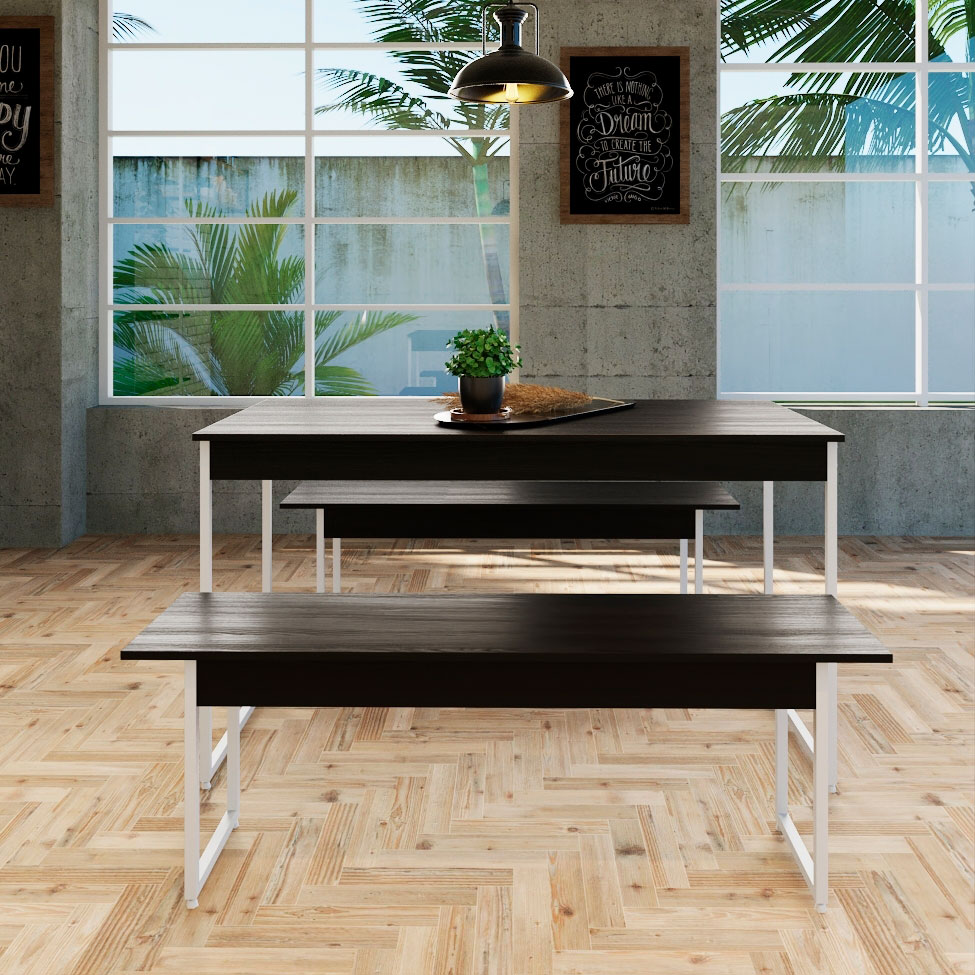 Conjunto de Mesa de Jantar Retangular com 2 Bancos Studio Preto e Branco