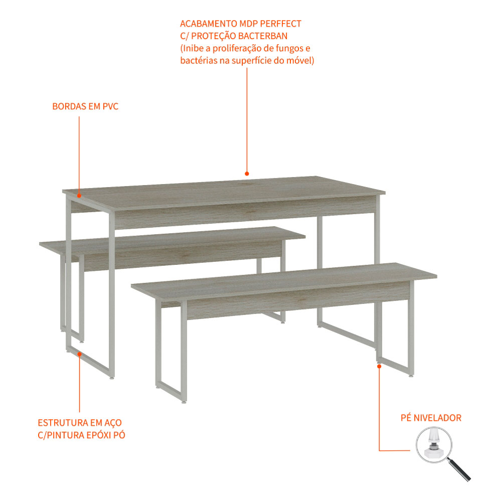 Conjunto de Mesa de Jantar Retangular com 2 Bancos Studio Snow e Branco