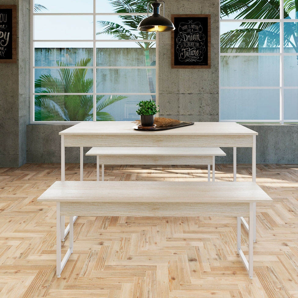 Conjunto de Mesa de Jantar Retangular com 2 Bancos Studio Snow e Branco