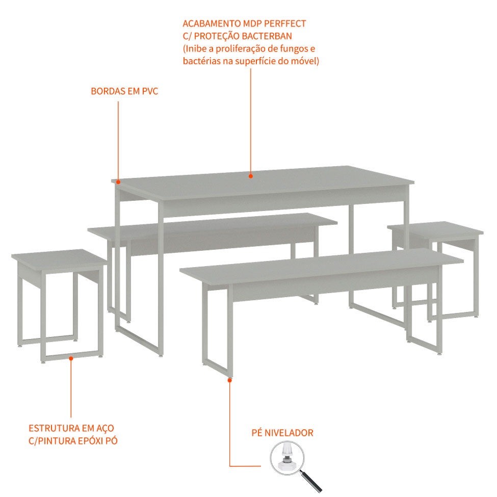 Conjunto de Mesa de Jantar Retangular com 4 Bancos Studio Branco