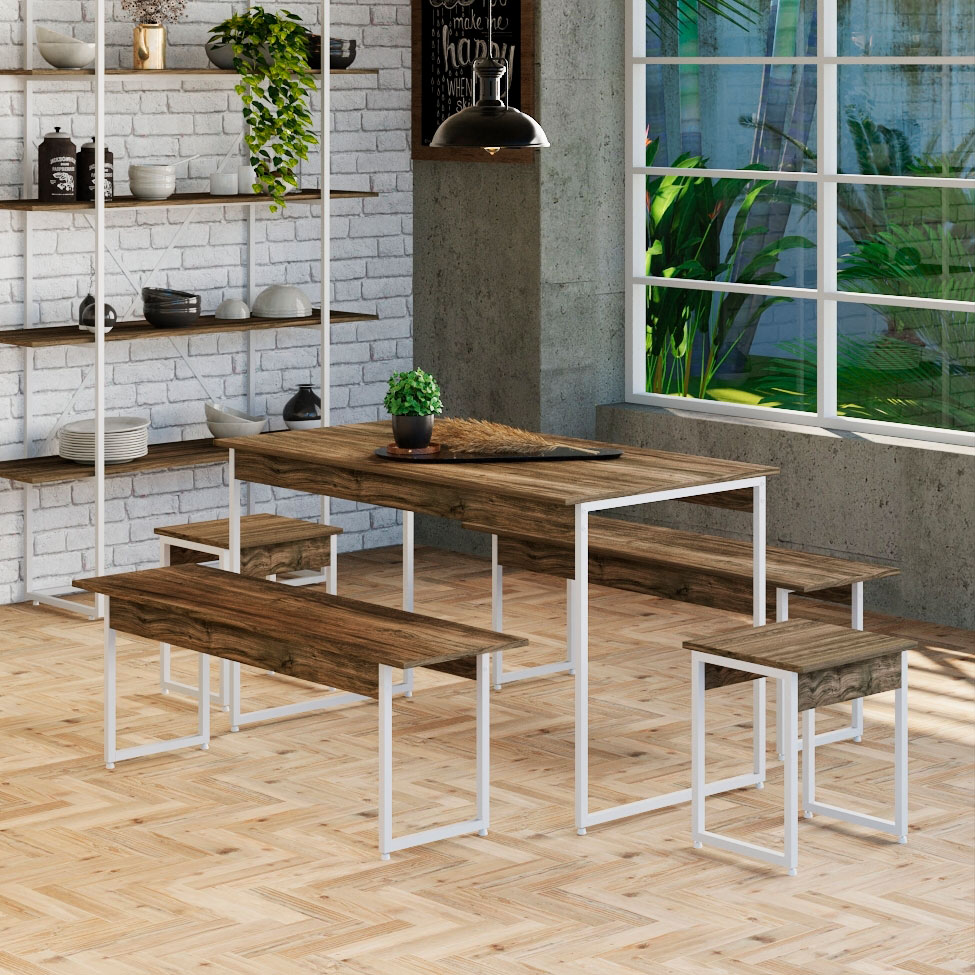 Conjunto de Mesa de Jantar Retangular com 4 Bancos Studio Carvalho Dark e Branco