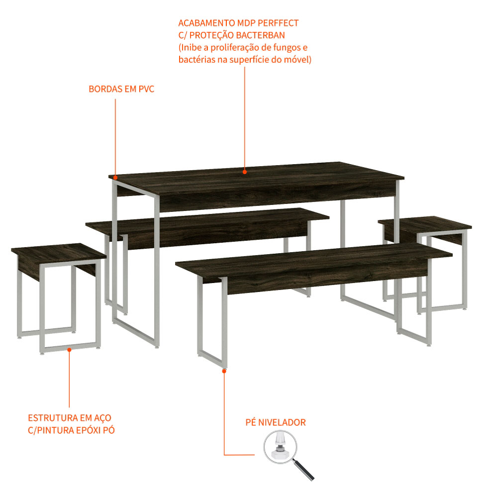 Conjunto de Mesa de Jantar Retangular com 4 Bancos Studio Carvalho Dark e Branco