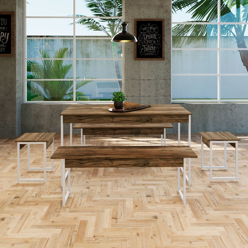 Conjunto de Mesa de Jantar Retangular com 4 Bancos Studio Carvalho Dark e Branco