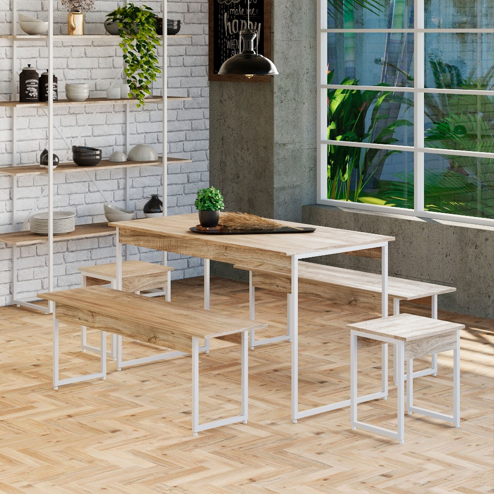 Conjunto de Mesa de Jantar Retangular com 4 Bancos Studio Carvalho e Branco