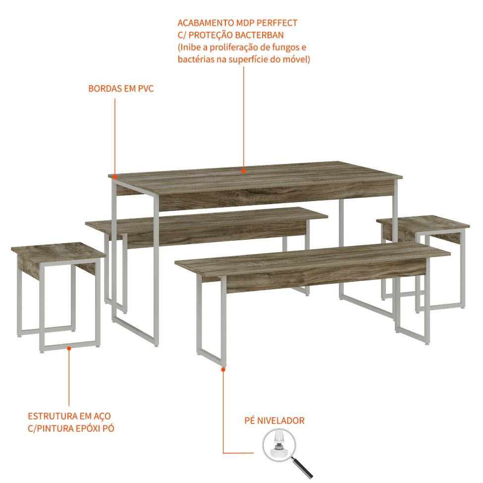 Conjunto de Mesa de Jantar Retangular com 4 Bancos Studio Carvalho e Branco