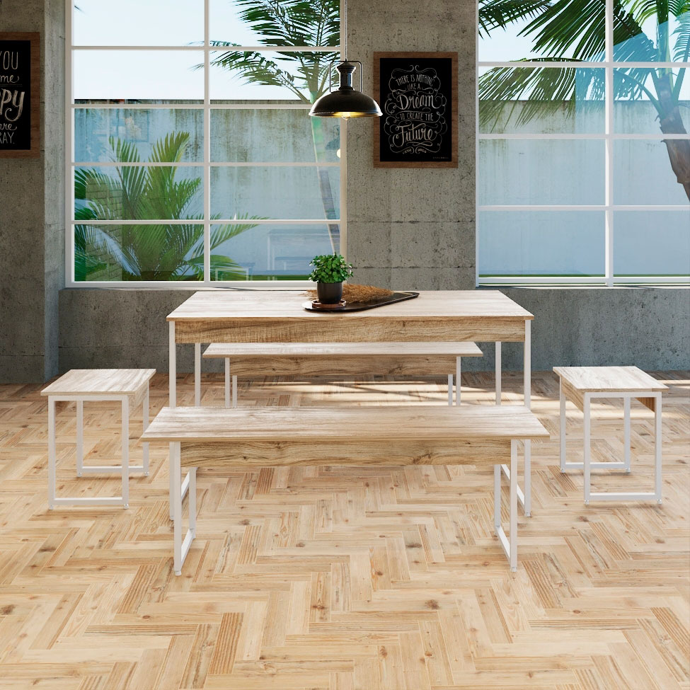 Conjunto de Mesa de Jantar Retangular com 4 Bancos Studio Carvalho e Branco