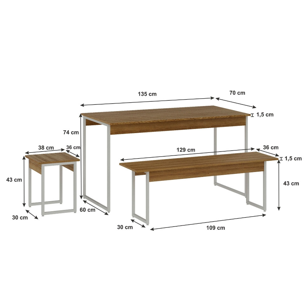 Conjunto de Mesa de Jantar Retangular com 4 Bancos Studio Mel e Branco