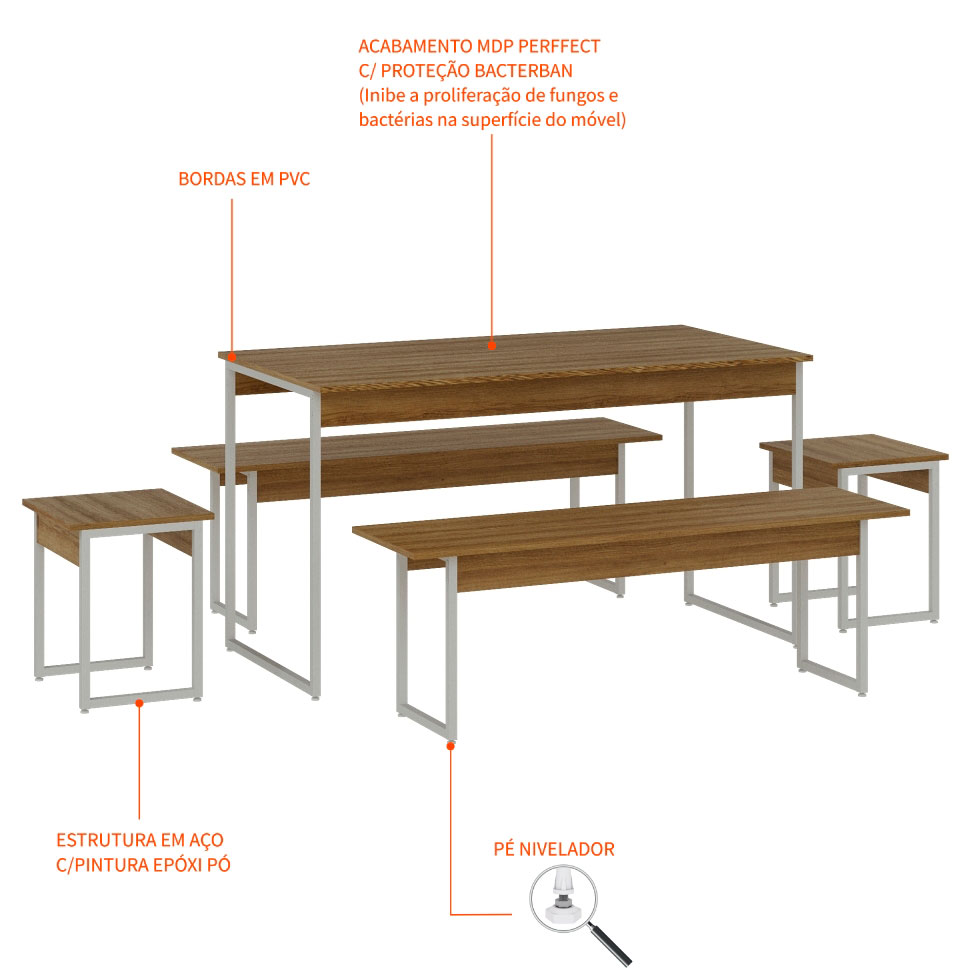 Conjunto de Mesa de Jantar Retangular com 4 Bancos Studio Mel e Branco