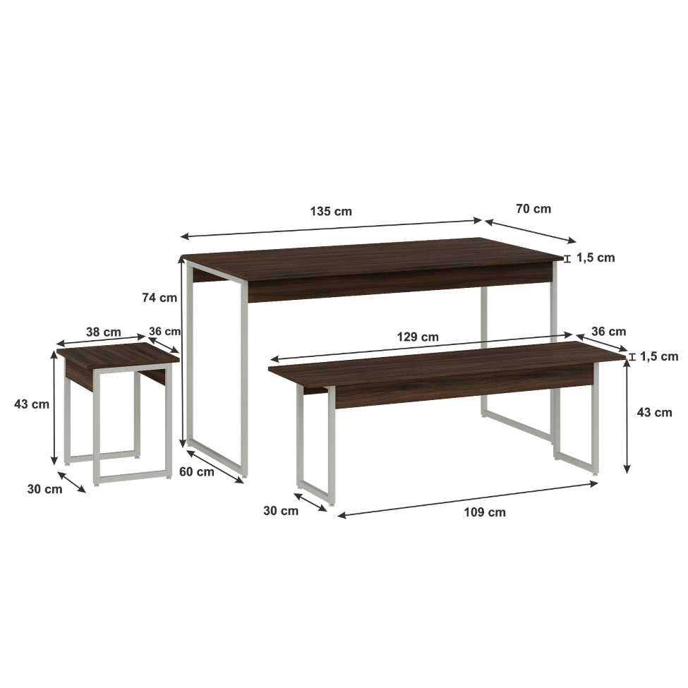 Conjunto de Mesa de Jantar Retangular com 4 Bancos Studio Nogal e Branco