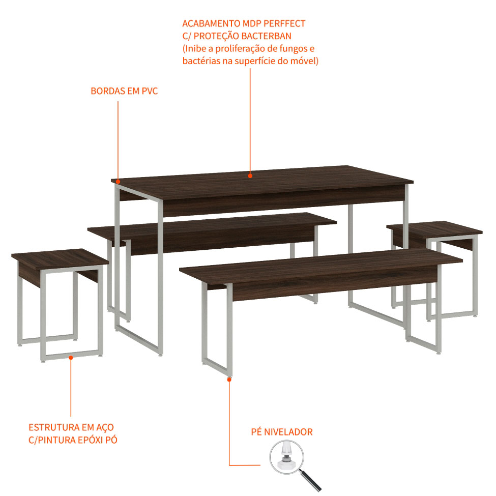Conjunto de Mesa de Jantar Retangular com 4 Bancos Studio Nogal e Branco