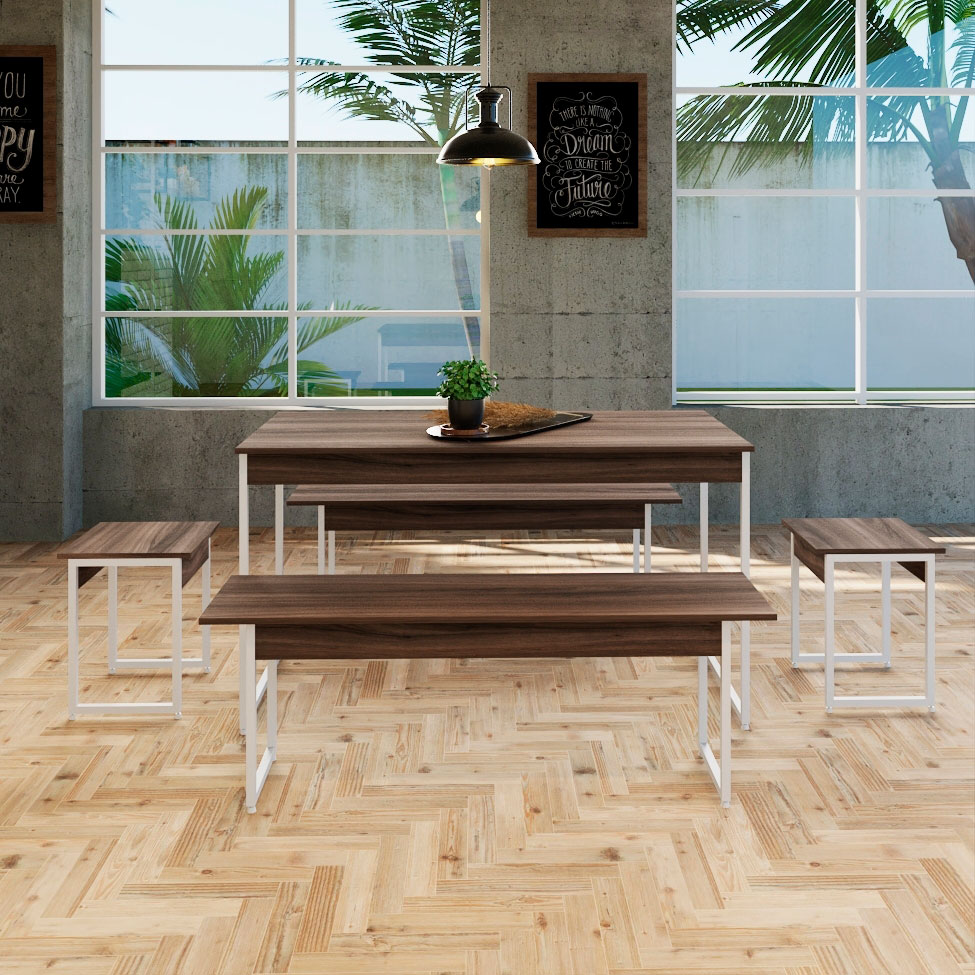 Conjunto de Mesa de Jantar Retangular com 4 Bancos Studio Nogal e Branco