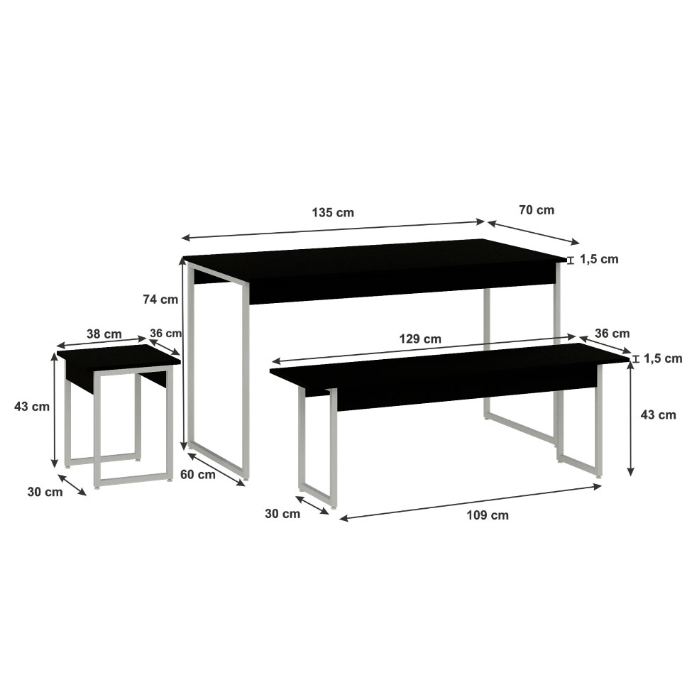 Conjunto de Mesa de Jantar Retangular com 4 Bancos Studio Preto e Branco
