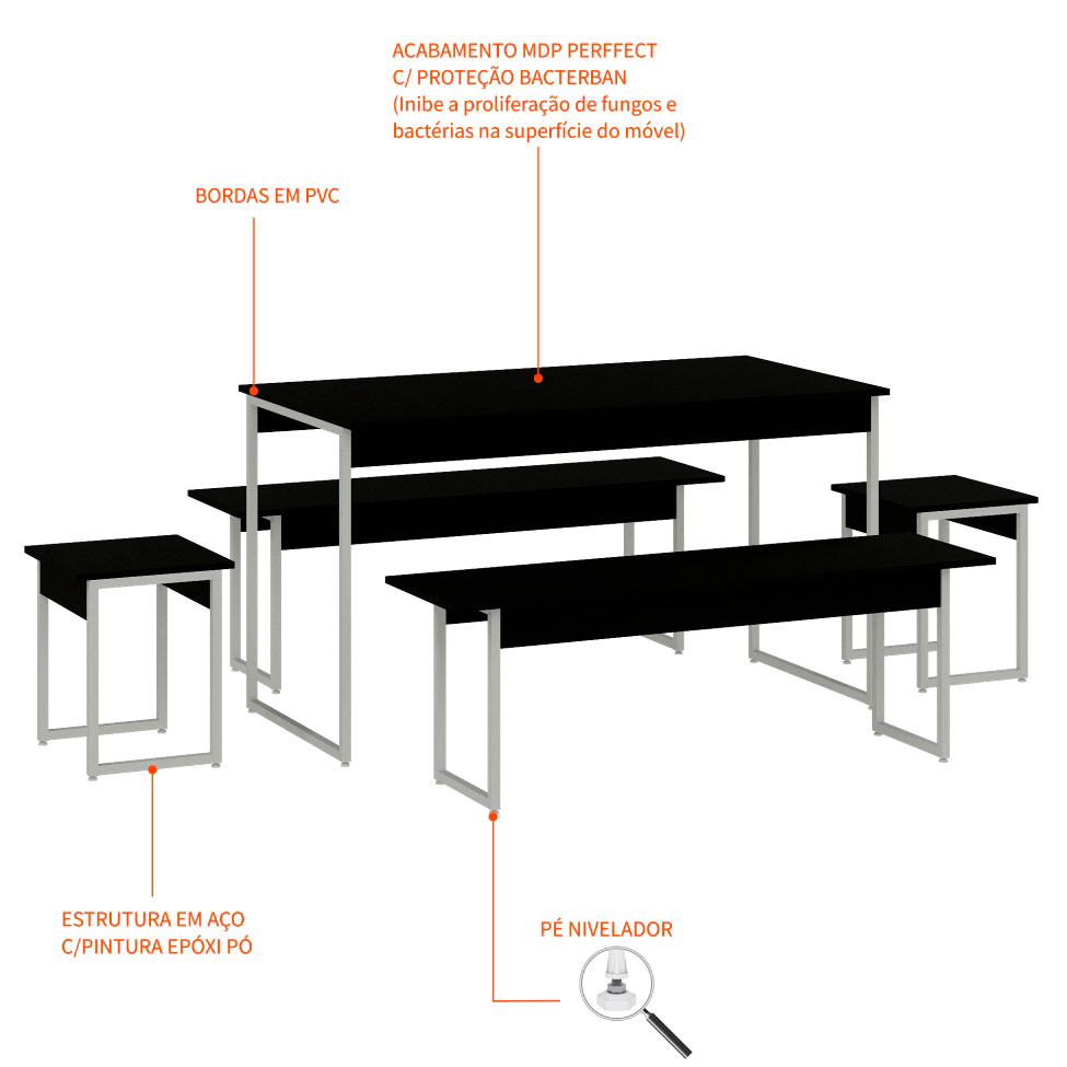 Conjunto de Mesa de Jantar Retangular com 4 Bancos Studio Preto e Branco