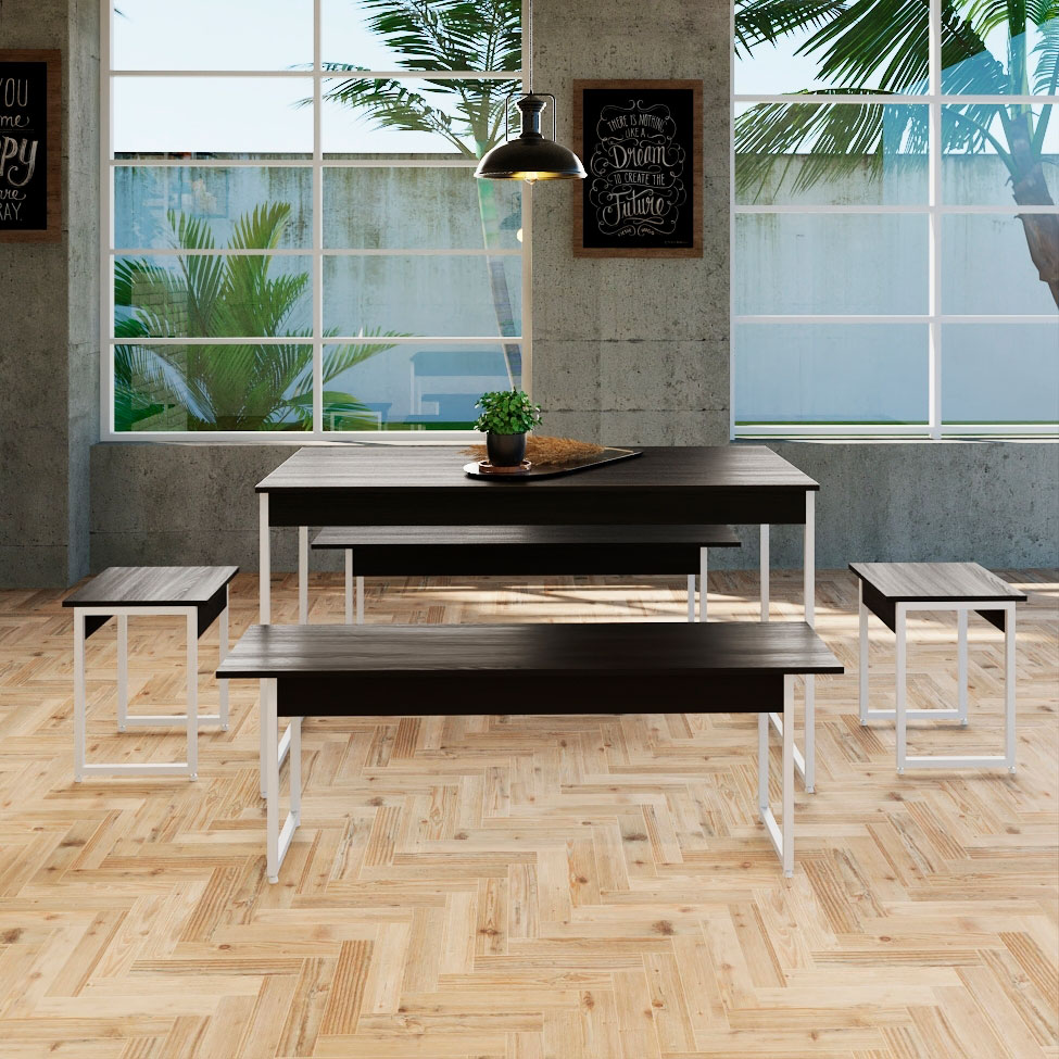 Conjunto de Mesa de Jantar Retangular com 4 Bancos Studio Preto e Branco