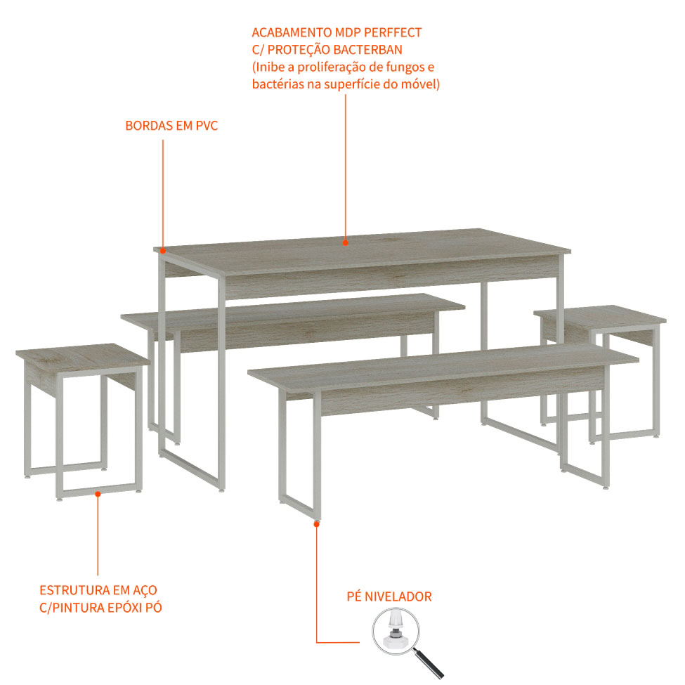 Conjunto de Mesa de Jantar Retangular com 4 Bancos Studio Snow e Branco