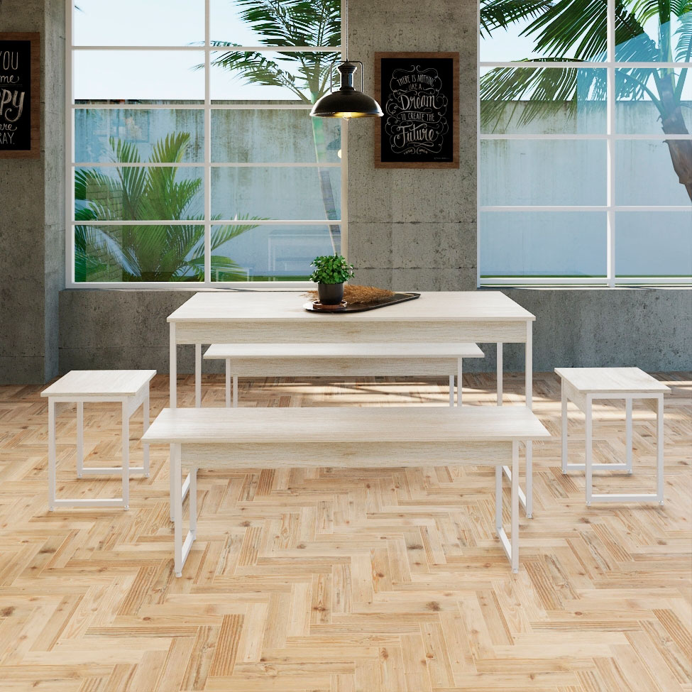 Conjunto de Mesa de Jantar Retangular com 4 Bancos Studio Snow e Branco