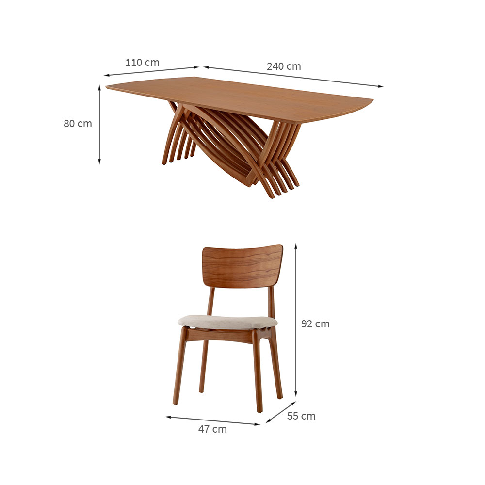 Conjunto de Mesa de Jantar Retangular com Tampo Madeira Grazzia e 8 Cadeiras Parma Linho Bege e Imbuia