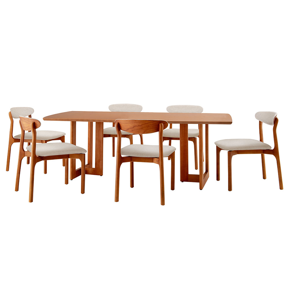 Conjunto de Mesa de Jantar Retangular com Tampo Madeira Talia e 6 Cadeiras Italia Linho Bege e Imbuia