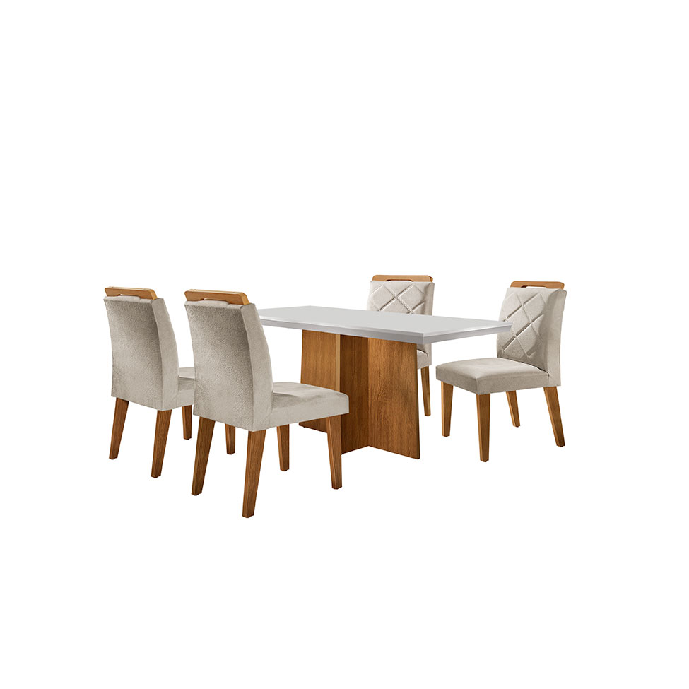 Conjunto de Mesa de Jantar Retangular com Tampo Off White Ane e 4 Cadeiras Bélgica Veludo Creme e Imbuia