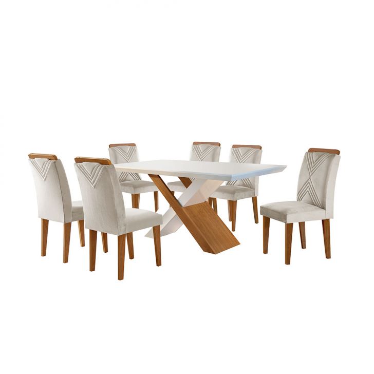 Conjunto Mesa Jantar com 06 Cadeiras Diamante RV Móveis Cinamomo/Off  White/Pena Caramelo