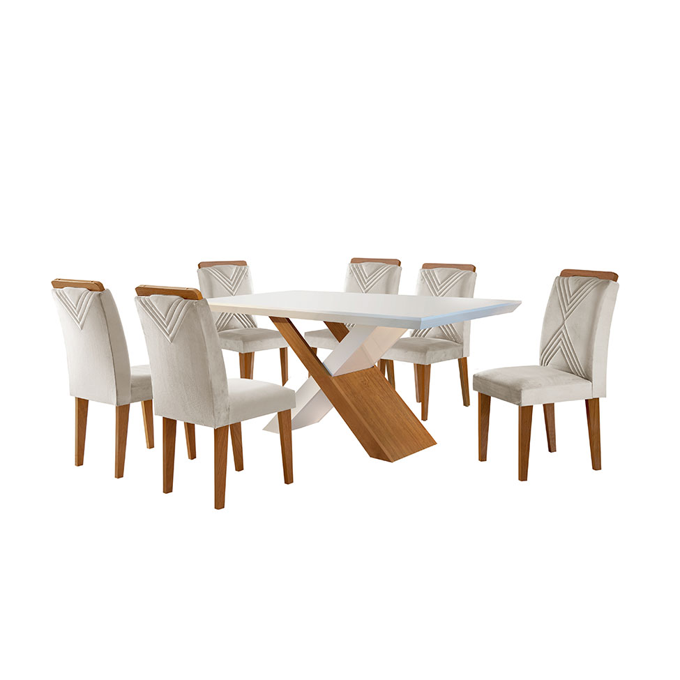 Conjunto de Mesa de Jantar Retangular com Tampo Off White Genova e 6 Cadeiras Itália Veludo Creme e Imbuia