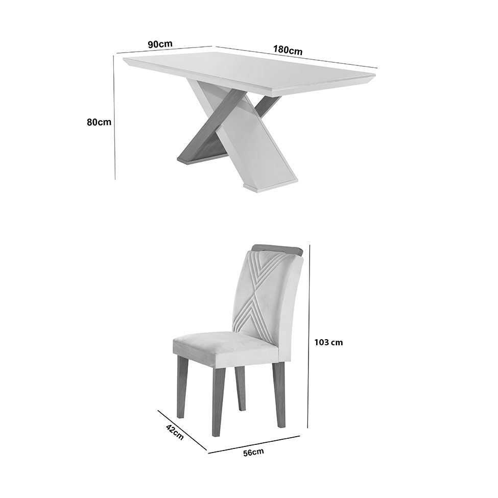 Conjunto de Mesa de Jantar Retangular com Tampo Off White Genova e 6 Cadeiras Itália Veludo Creme e Imbuia