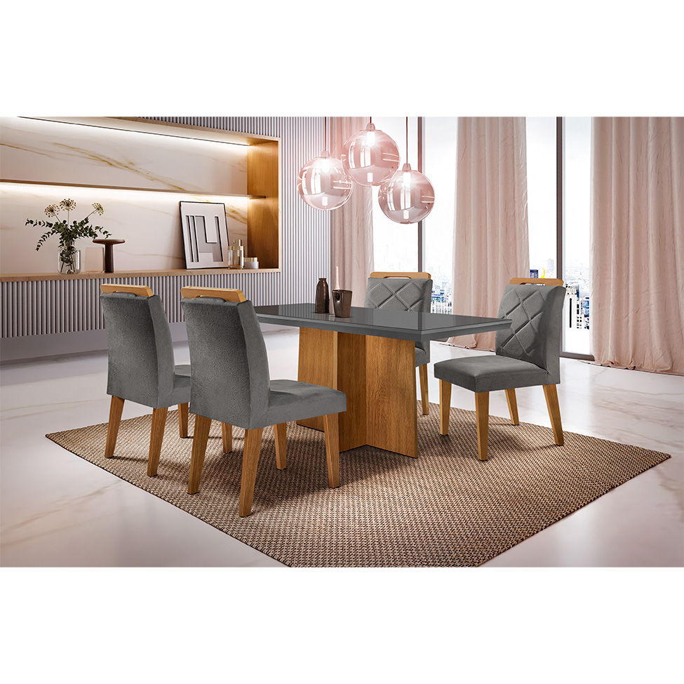 Conjunto de Mesa de Jantar Retangular com Tampo de Vidro Ane e 4 Cadeiras Bélgica Veludo Grafite e Imbuia