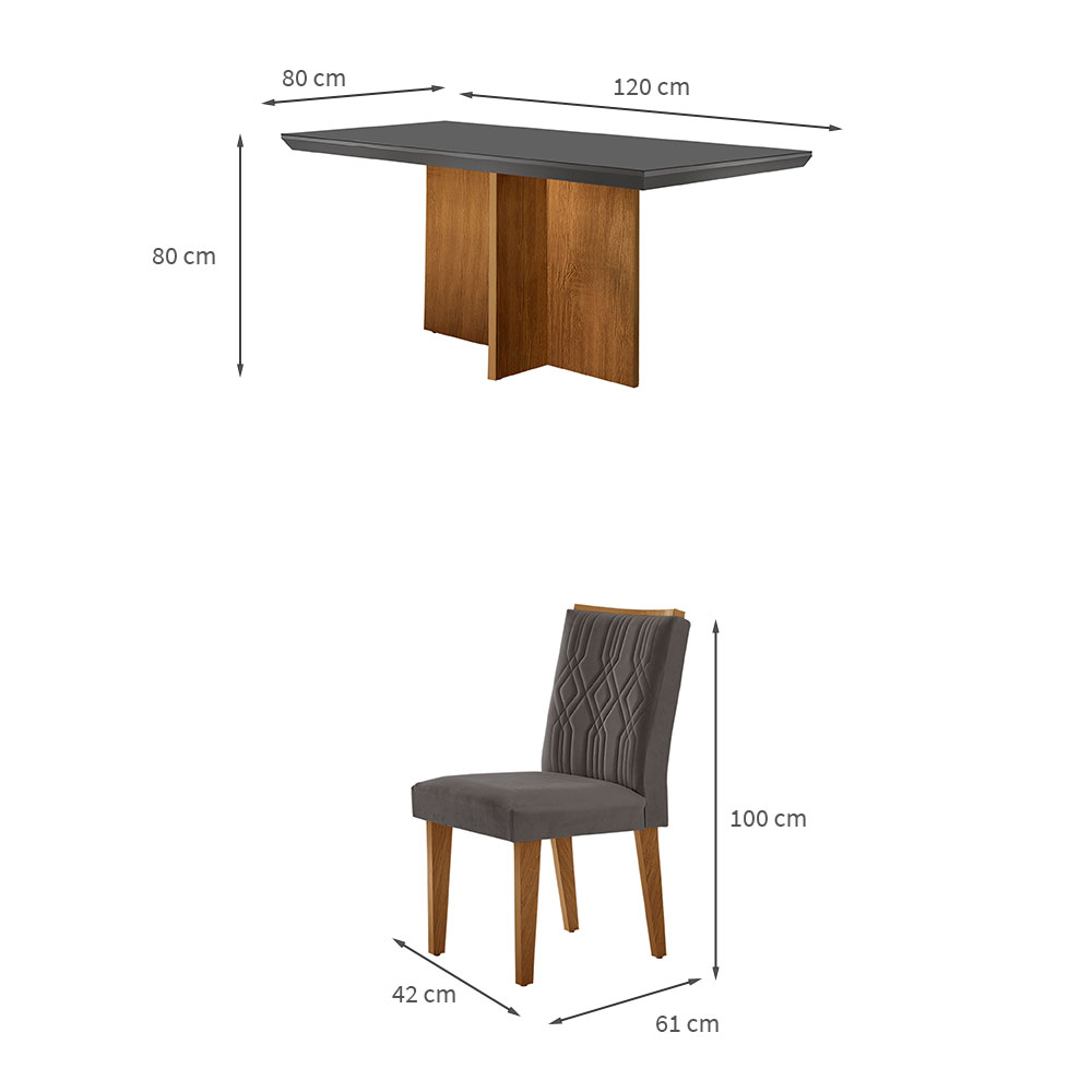 Conjunto de Mesa de Jantar Retangular com Tampo de Vidro Berlim e 4 Cadeiras Alegra Veludo Grafite e Imbuia