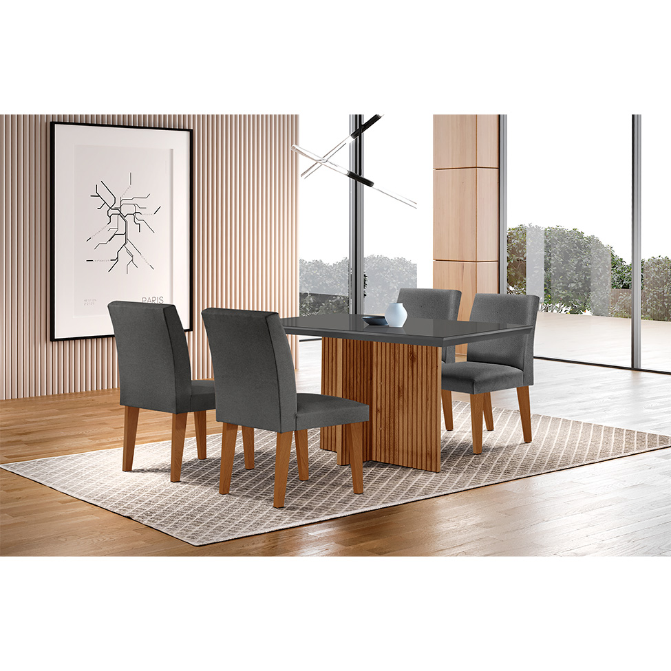 Conjunto de Mesa de Jantar Retangular com Tampo de Vidro Berlim e 4 Cadeiras Bélgica Linho Grafite e Imbuia