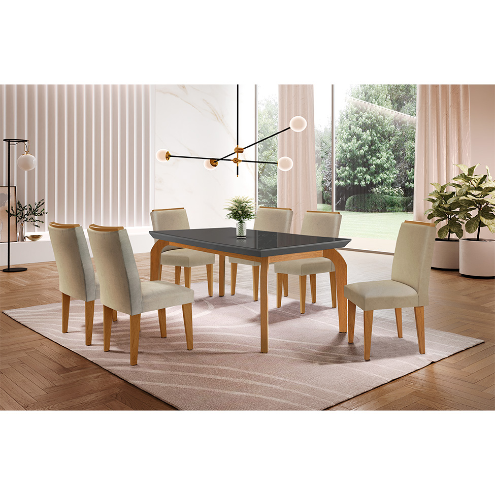 Conjunto de Mesa de Jantar Retangular com Tampo de Vidro Grafire Turquesa e 6 Cadeiras Luanda Linho Bege e Imbuia