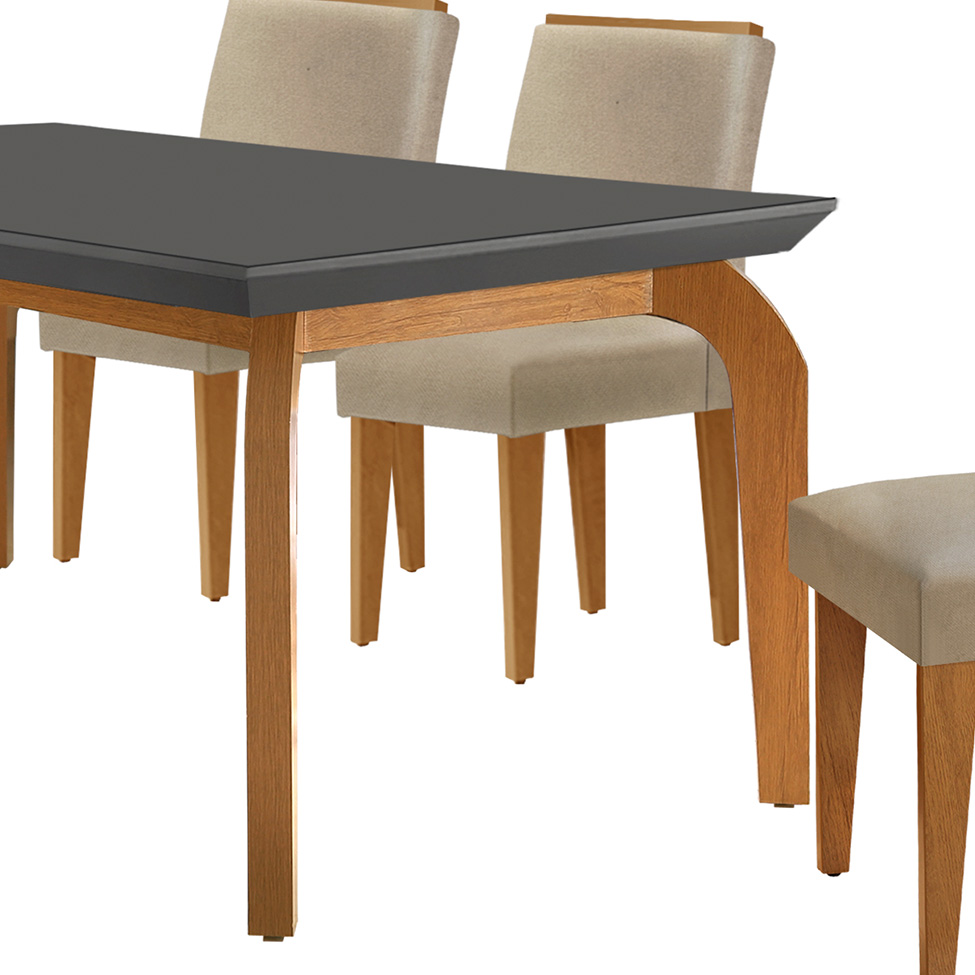 Conjunto de Mesa de Jantar Retangular com Tampo de Vidro Grafire Turquesa e 6 Cadeiras Luanda Linho Bege e Imbuia