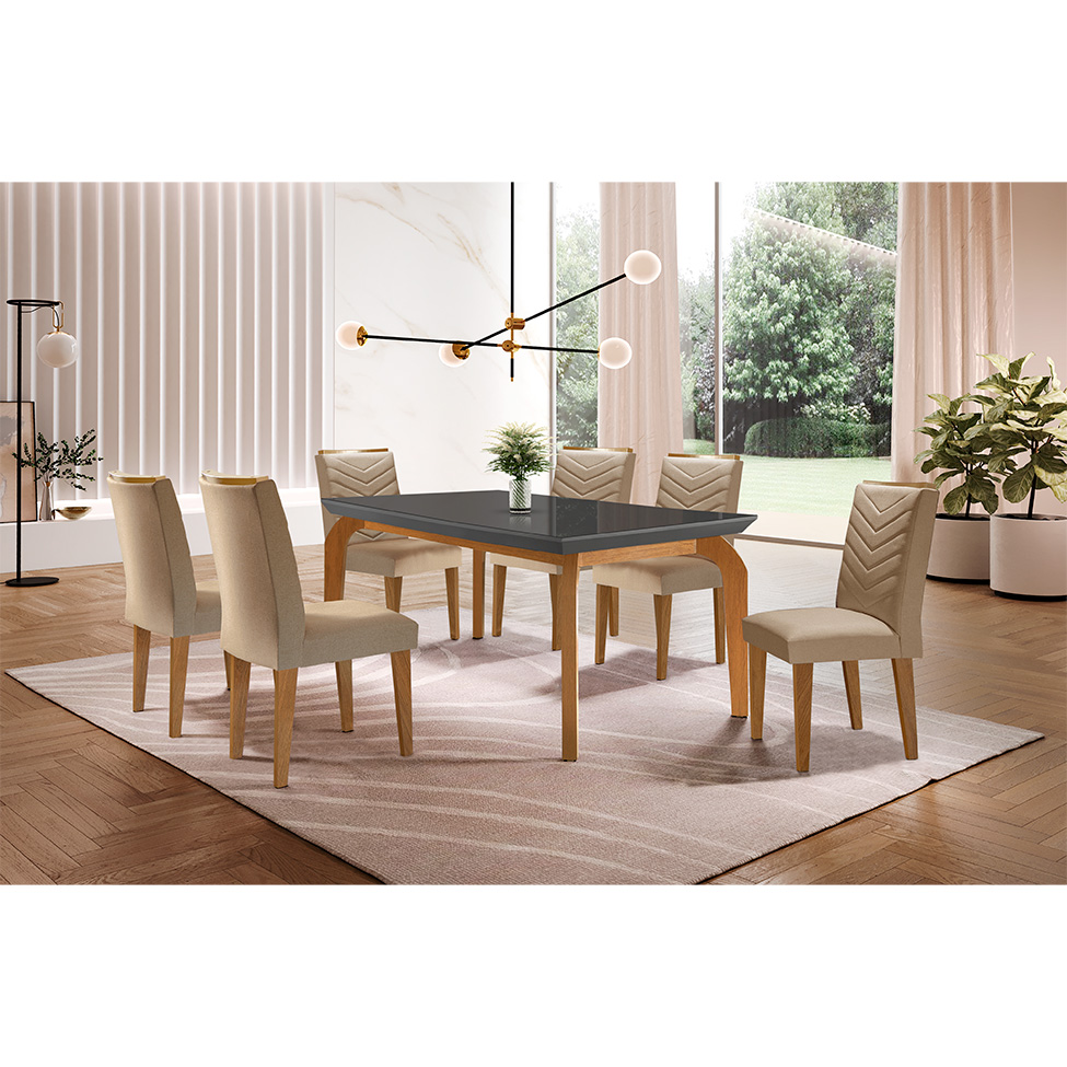 Conjunto de Mesa de Jantar Retangular com Tampo de Vidro Grafite e 6 Cadeiras Turquesa Linho Bege e Imbuia