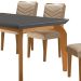Conjunto de Mesa de Jantar Retangular com Tampo de Vidro Grafite e 6 Cadeiras Turquesa Linho Bege e Imbuia
