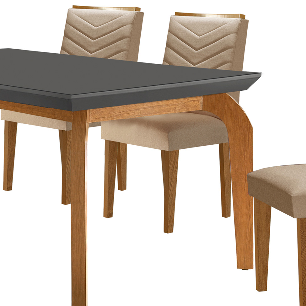 Conjunto de Mesa de Jantar Retangular com Tampo de Vidro Grafite e 6 Cadeiras Turquesa Linho Bege e Imbuia